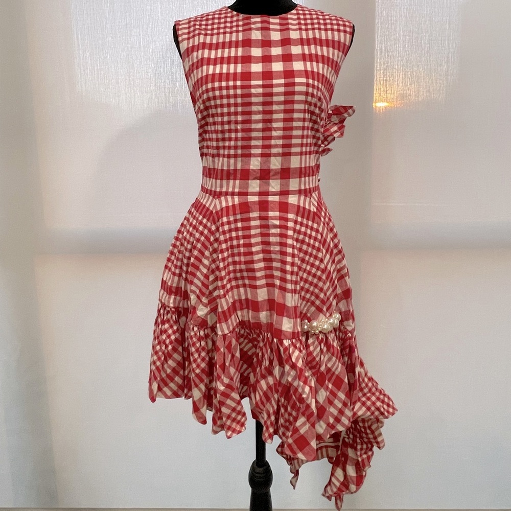 H&M x Simone Rocha asymmetrical plaid cotton dress with pearl detail.